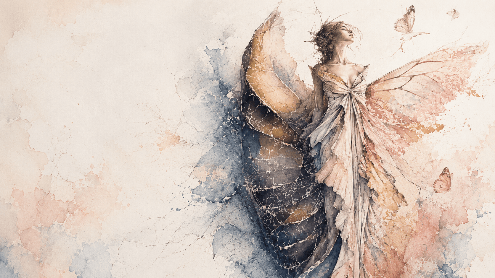 LUMENÉ butterfly-inspired fashion illustration showing metamorphosis and draped womenswear.