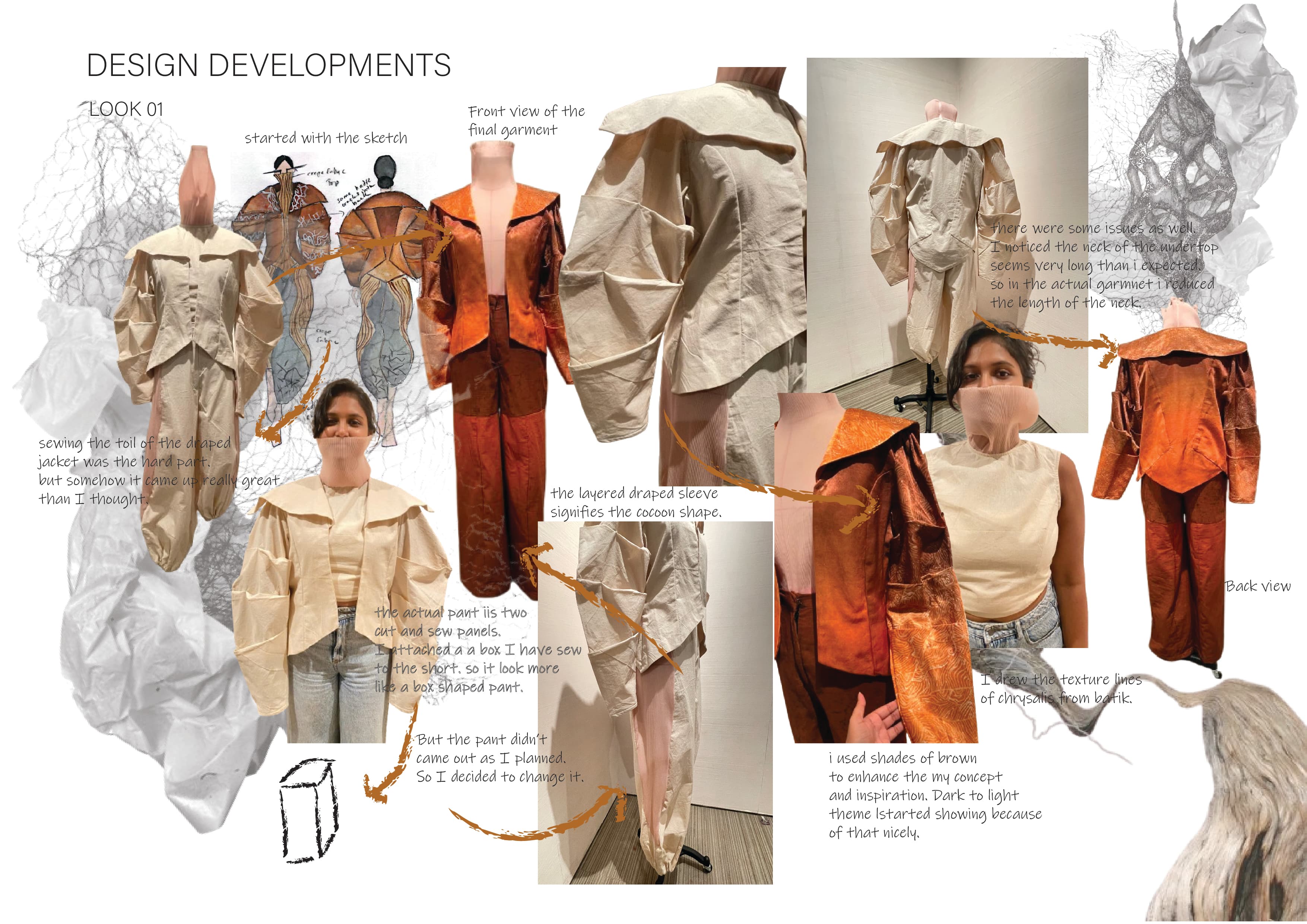 Look 01 sketches, toile development, construction, and garment refinement