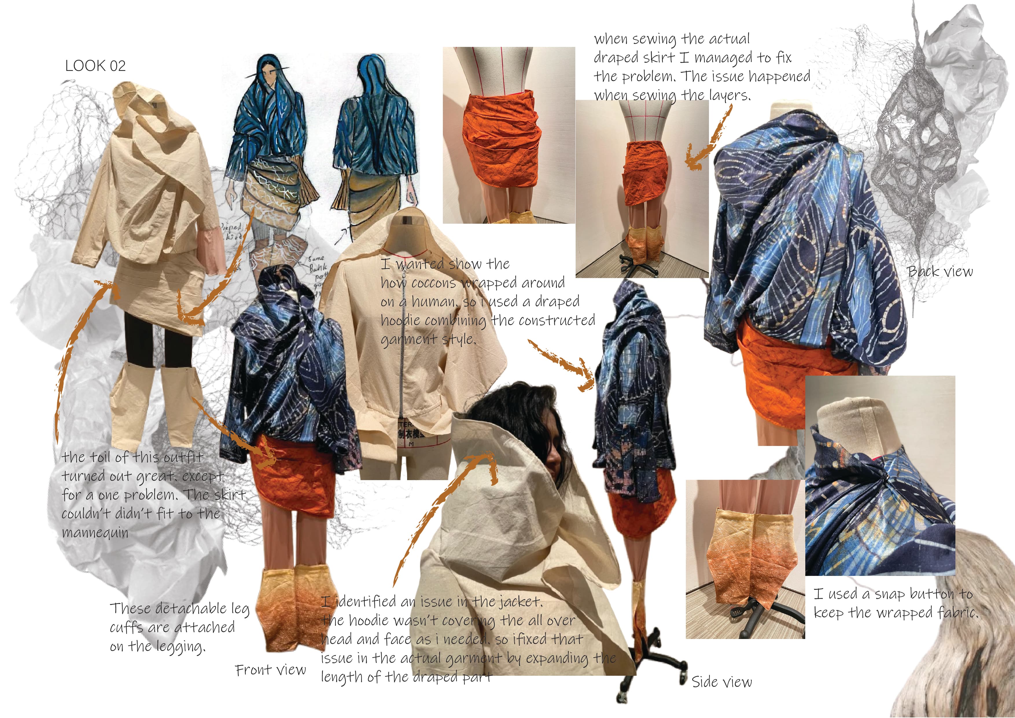 Look 02 sketches, toile development, construction, and garment refinement
