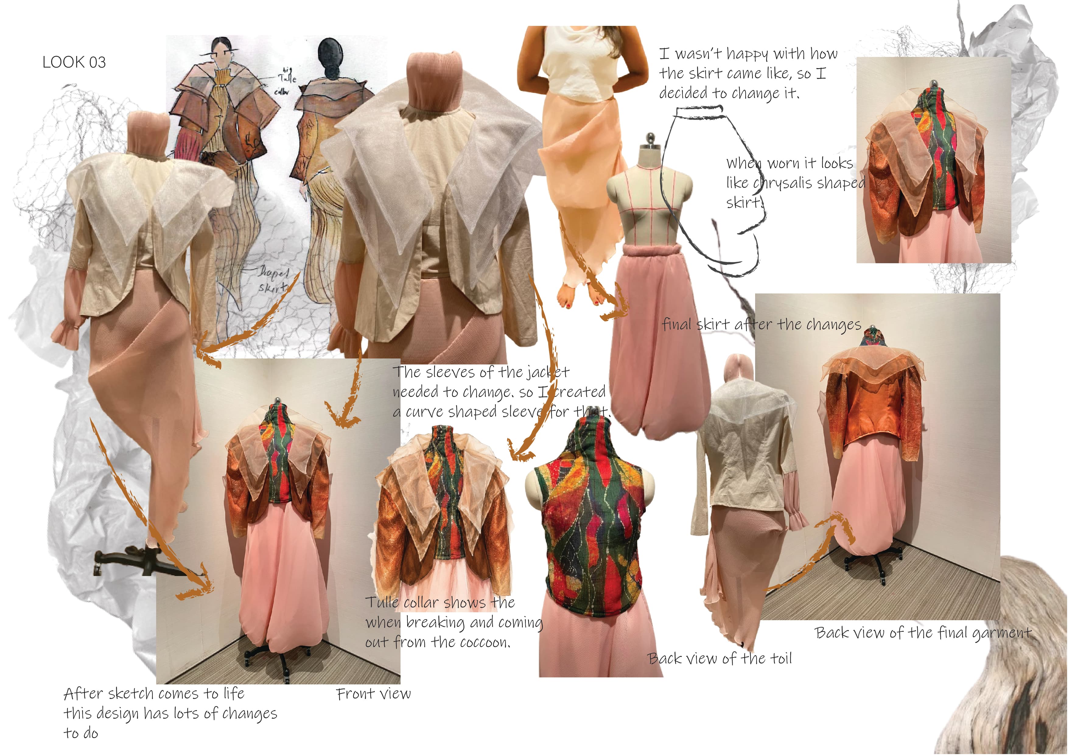 Look 03 sketches, toile development, construction, and garment refinement
