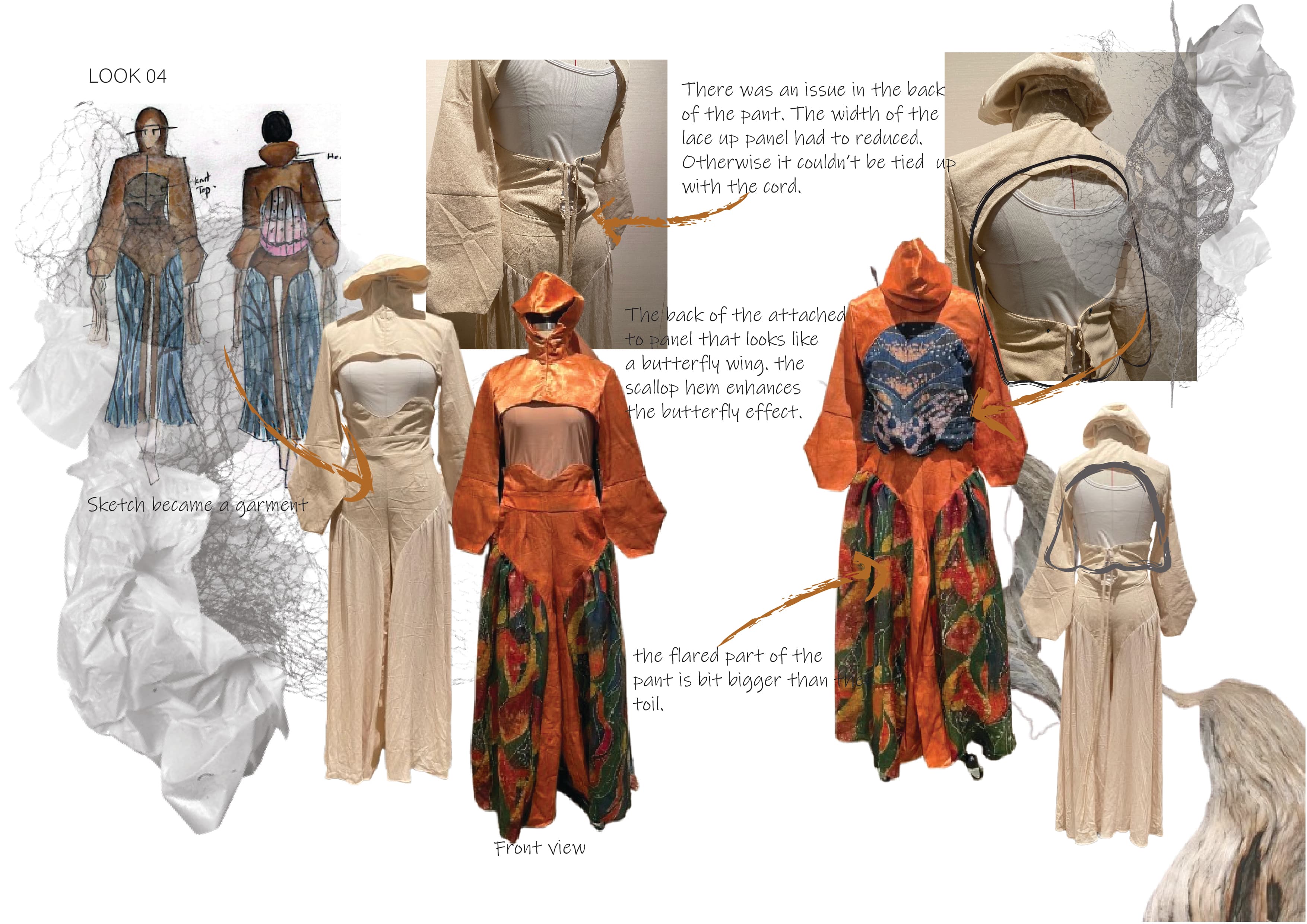 Look 04 sketches, toile development, construction, and garment refinement
