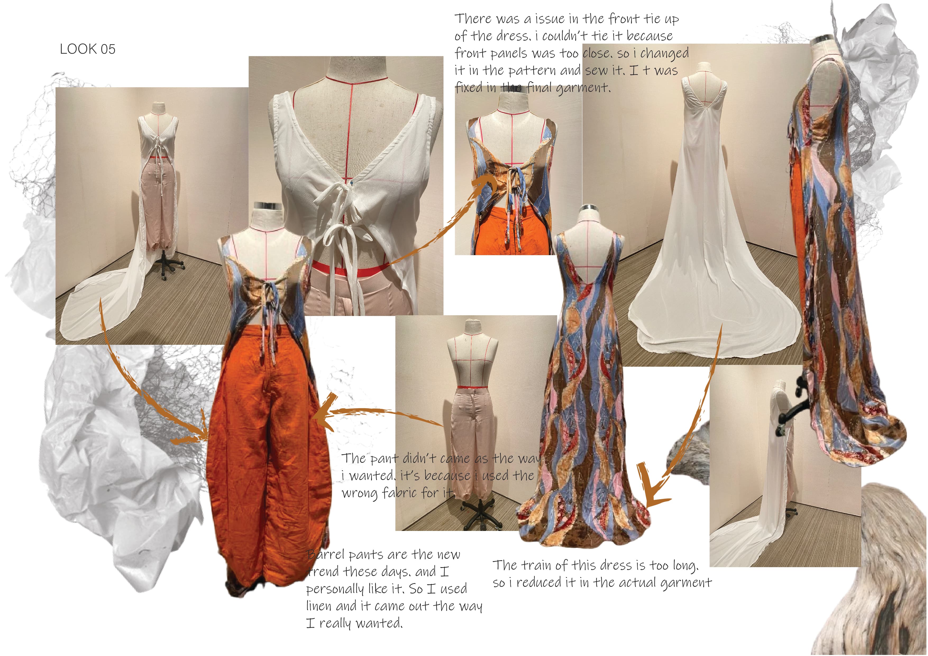 Look 05 sketches, toile development, construction, and garment refinement